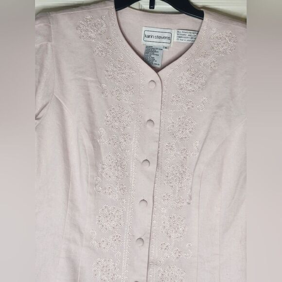 Vtg Karin Stevens 14 PastelPink LINENBlendFaux2Piece Women Midi Embroidery Dress - Picture 6 of 13